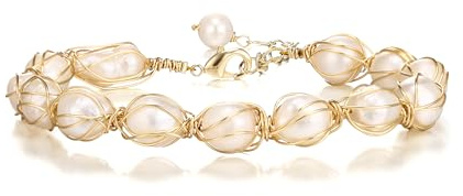 EVER FAITH Bracciale con perle barocche in oro 18 carati, vintage con d'acqua dolce avvolte in seta, realizzato a mano, regolabile, per matrimonio, Perla coltivata