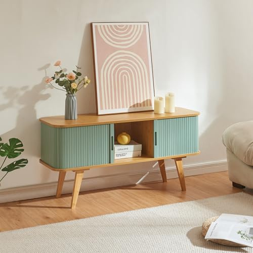 [en.casa] Mobile Tavolino Porta TV con Scomparti e Ante Scorrevoli Armadio Basso Stand TV e Centri Multimediali 120 x 40 x 58 cm - Naturale/Azzurro
