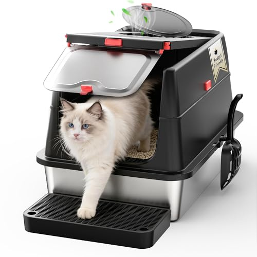 BEST JAJA XXL Stainless Steel Cat Litter Tray (38L), 3-in-1 Enclosed Metal Litter Box with 160° Flip Hood, Heavy-Duty SUS304 | Leak-Proof & Odour-Resistant for Large Cats | Pedal & Scoop (Black)