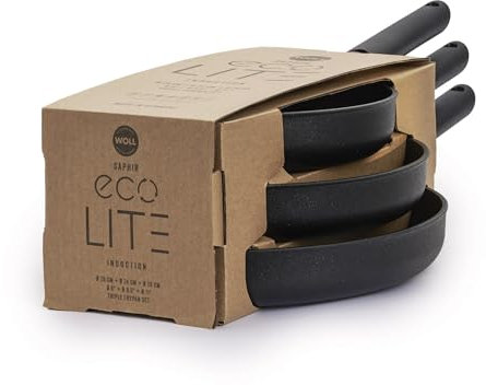 Woll Eco Lite 3-teiliges Pfannen-Set, Antihaftbeschichtung, 20/24/28 cm, recyceltes Aluminium, abnehmbare Griffe, Schwarz