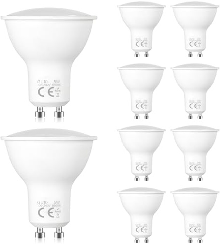 Liuyife Paquete De 10 Focos LED GU10 De 5W, Blanco Frío 6500K, Equivalente a Una Lámpara Halógena De 50W, ángulo De Haz De 120 Grados, Bajo Consumo, Aptos Para Lámparas De Techo, Empotradas, Cocinas