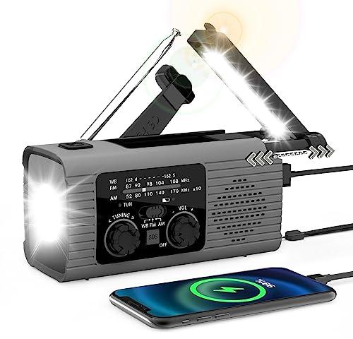 FLITI Radio de Emergencia Portátil - R-adio de Manivela de Energía Solar, Radios de Alarma SOS, con Linterna LED, 3 Métodos de Carga, Radios Am/FM/NOAA con Pilas, Viajes, Ourdoor (Gris)
