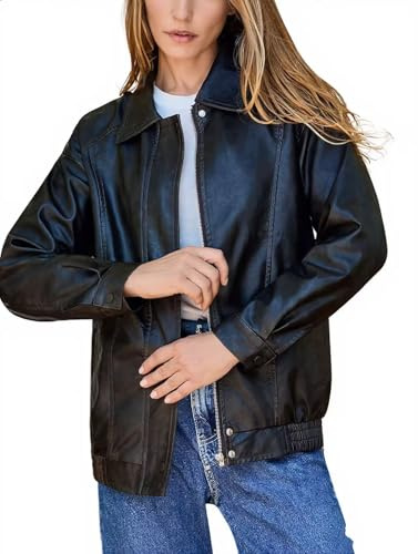 Bello vita Women's Oversized Faux Leather Bomber Jacket, Zip Up Motorcycle Street Coat for Fall and Winter