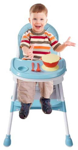 Vert Chaise Haute Bébé, Chaise Haute Pliable con Double Plateau Détachable, avec Siège Rembourré et Repose-Pieds, 5 Positions de Hauteur, Transat Inclinable Enfant Chaise avec Roues Universelles