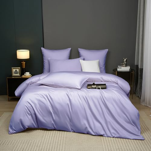 Luowei Ropa de cama de satén, 155 x 220 cm, algodón, 100% algodón de fibras largas, color lila, con certificado Oeko-Tex, con cremallera y 2 fundas de almohada de 80 x 80 cm