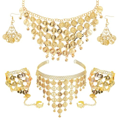 Accessori per Danza del Ventre, Set di Gioielli in Stile Bohémien con Orecchini, Bracciale, Collana, Catena per Capelli per Donna per Carnevale