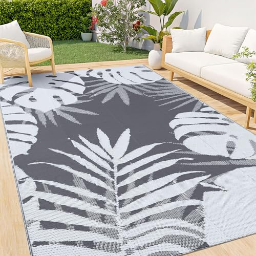 Homaxy Vattentät utomhusmatta, halkfri, omvänd, av plast, för trädgård, lätt rengöring, för camping, uteplats, strand, picknick, bakgård, 150 x 240 cm, vit och grå