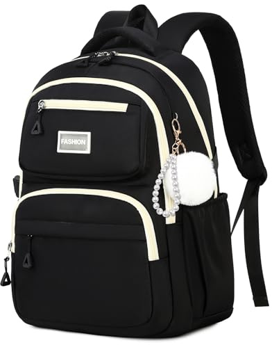 QIXIHU School Bag for Girls, Modern Contrast Color Kids Backpack for Primary High School Students, Fashion Bookbag Aged 6-12 with Furry Pom Pom