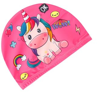 Gaomumu Unicorn Patten Swim Cap, Cute Cartoon Swimming Cloth Cap for Girls, Ear Protection Head Covering Swim Hat for Youth Swimming Training