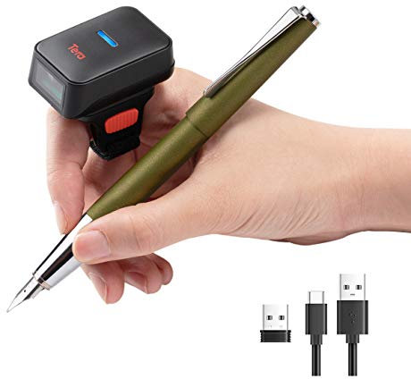 Tera Mini Lettore di Codici a Barre CCD 1D Wireless con Bluetooth Connessione Wireless e Cablata a 2.4 GHz, Dito Portatile con Anello Indossabile Funziona, HW0011