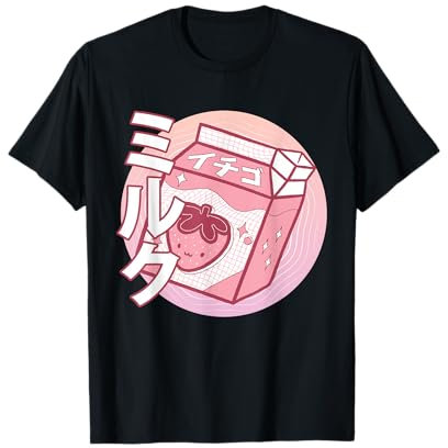 Vêtements Kawaii Pastel Goth SteMi - T-shirt Femme Noire Taille S - Graphique Kawaii Fraise Milkshake - Style Gothique Pastel Japonais - Manche Courte - T-shirt Graphique Japonais