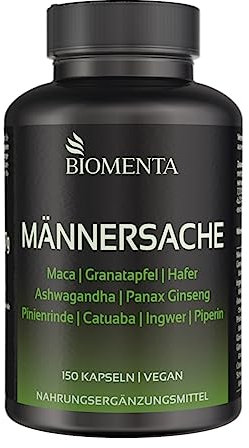 BIOMENTA Männersache Forte – 150 hochdosierte Kapseln für den Mann - mit Maca, Muira Puama, Damiana, Ashwagandha, Granatapfel, Hafer, Pinienrinde, Ingwer, Piperin - vegan - Premiumqualität