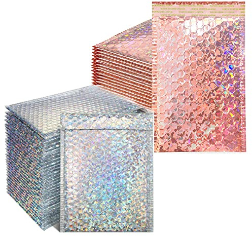RoadLoo Lot de 40 enveloppes rembourrées auto-scellantes en polyéthylène – Métalliques avec rembourrage holographique – Sacs Poly Bubble pour l'expédition et l'emballage
