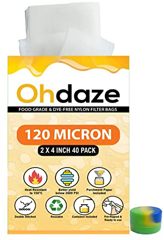 Ohdaze Bolsas de prensa de colofonia de 2 x 4 pulgadas, paquete de 40 bolsas de prensa de 120 micras, 3 papeles de pergamino, 1 contenedor de cera, bolsas de prensa de filtro de nailon de doble