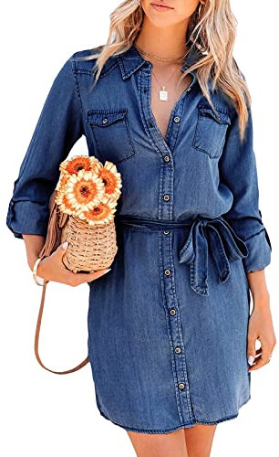 FeMereina Damen Langarm Bluse Jeankleid Denim Hemdkleider Button Down Chambray Taille Krawatten Tunika Minikleid mit Taschen, dunkelblau, Medium