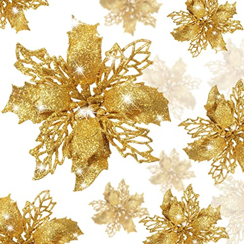 KAHEIGN 36 Pièces Fleurs de Poinsettia de Noël, Paillettes Dorées Fleurs Artificielles de Poinsettia Ornements d'arbre de Noël pour Décor de Fête Maison Guirlande Noëls Mariage (3 Tailles)