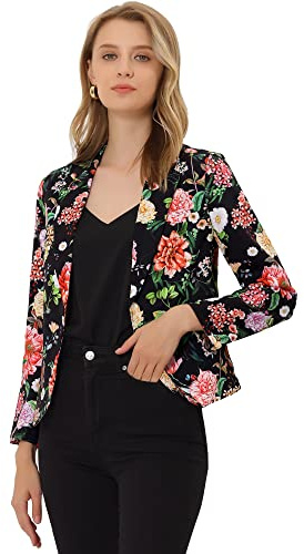 Allegra K kvinnors öppen front kontor kort blazer jacka, Svart röd-blommig, M