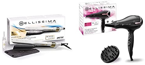 Bellissima Imetec Steam Elixir, Piastra a Vapore, Capelli lisci in Una Sola Passata Senza Danni & Imetec Asciugacapelli K9 2300 Asciuga e Mantiene Idratati i Capelli senza Effetto Crespo, 2300 W