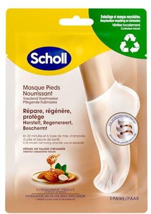 Scholl Fußmaske mit Mandel und Honig für trockene Haut, in 20 Minuten, feuchtigkeitsspendend, nicht fettend und einfach zu verwenden, recycelbare Masken und Verpackung, 1 Paar