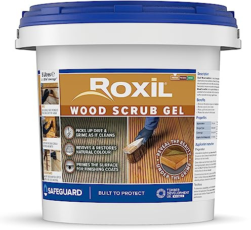 Roxil Wood Scrub Gel - Oxalic Acid-Based Wood Cleaner to Revive Weathered Outdoor Furniture and Decking, Restore Colour and Wood Grain (5L)