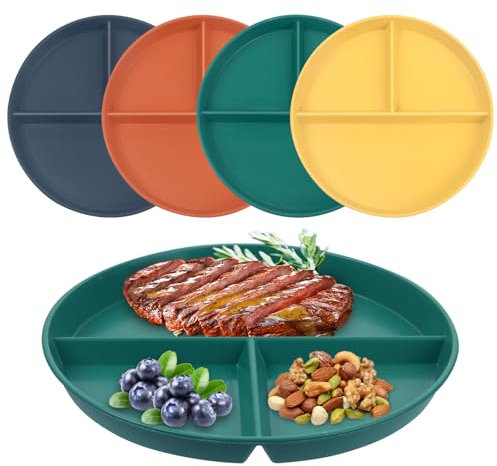 GOTRUST 4PCS Portion Control Plates, Unbreakable Divided Dinner Plates Set, Reusable Plastic Divider Plates, Divided Diet Plates for Picnic Camping Dessert - 9inch