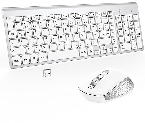 Tastatur Maus Set Kabellos - (Deutsch) USB QWERTZ Funk Tastatur Klein Maus Ultradünne Leise Ergonomisch Tastatur für Computer/PC/Laptop/Smart TV/Windows- Silber Weiß