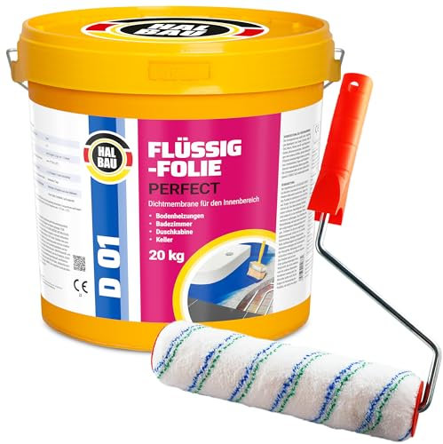 Flytande folie Profi 20 kg, tätning för badrum, dusch, inomhus, vattenbarriär under kakel färgroller 25 cm med bygelset, halvkonstruktion D01