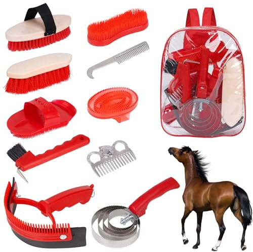 KHEARPSL Horse Grooming Kit, Horse Brushes for Grooming 10pcs Horse Cleaning Tool Set with Tote Bag, Sweat Scraper, Curry Comb, Brush, Hoof Pick, Livestock Bathing Supplies Equine Care Supplies