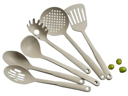 Set di 6 utensili da cucina, 30 cm, antiaderenti, con fessure, spatola, mestolo, forchetta e cucchiaio da portata, lavabili in lavastoviglie (crema)
