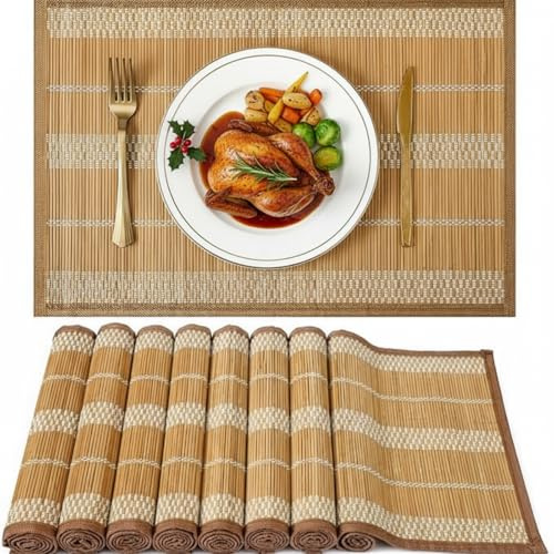 Pickmesh Bamboo Table Mats Set of 8, 18'' x 12'' Bamboo Table Mats Set, Natural Anti-Slip Placemats for Dining Table Room and Kitchen