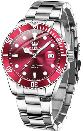 OLEVS Rote Herrenuhr Mode Rundes Zifferblatt Silber Edelstahluhr für Männer Luxus Drehbare Lünette Wasserdicht Elegante Männliche Uhren Quarz Datum Analog Nachtlicht Lässig Kleid Armbanduhr Herren