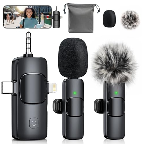 MENERESAS Wireless Lavalier Microphone for iPhone: 3 in 1 Mini Microphones for iPad, Camera and Android Devices, Noise Reduction Lapel Mic