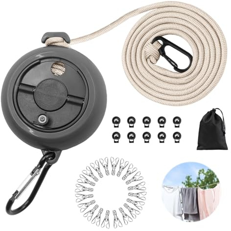 Vlecexs 10m Stendibiancheria Estensibile con 10 Fibbie Fisse e 20 Mollette Antivento, Corda da Bucato Esterno Portatile per Trapunta Lenzuolo, Filo Retrattile per Giardino Balcone Viaggio Campeggio