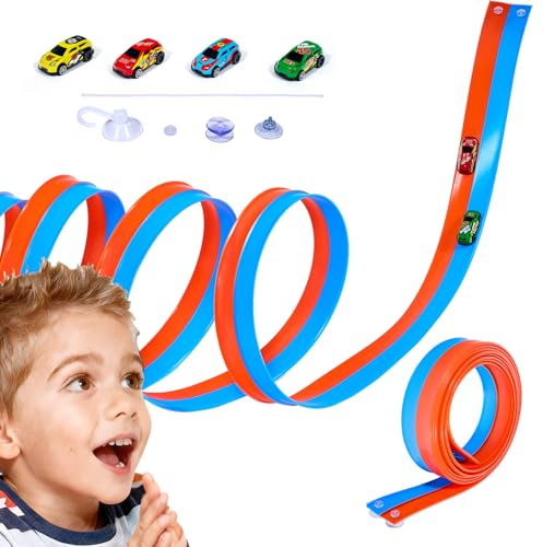 20Ft Flexible Toy Car Race Track with Suction Cups & 4 Pull-Back Cars | Double Lane Blue & Orange Portable Track | Roll-Up Car Track for Boys & Girls Ages 3-8 | Indoor & Outdoor Racing Fun Gift