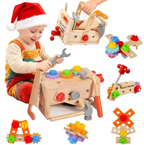CXCOSRY Set di Attrezzi in Legno per Bambini : Kit Montessori di 29 Pezzi con Valigetta – Giocattolo Educativo Regalo di Natale Ideale per Bambini e Bambine, Sviluppo della Motricità Fine