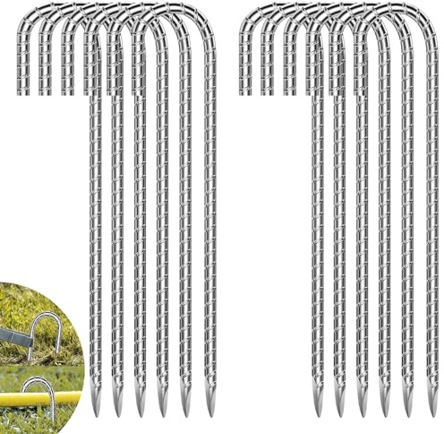 JUQG 12 Pcs Clavijas de Acero para Carpa, Fuerte Clavo de Acero con Hilo, Clavijas de Camping de 30cm, Clavos de Trampolín Estacas de Jardín Adecuado para Camping, Trampolines, Lonas, Toldos