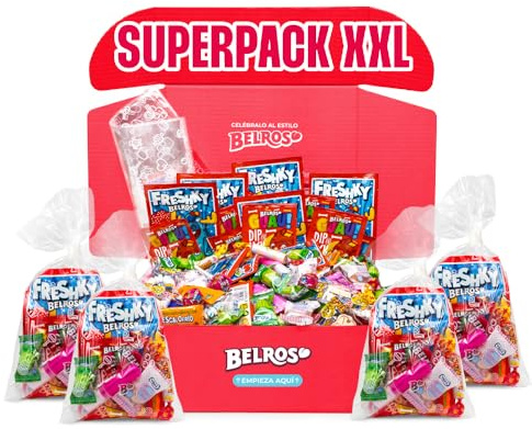 BELROS Pack 200 uds de Chuches y Gominolas Mix Surtido de 1.9kg de Dulces. Ideal Cumpleaños, Celebraciones, Ocasiones Especiales, Piñatas. Incluye 20 Bolsitas de Regalo