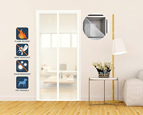 Liveinu Moustiquaire Porte Magnétique Ignifuge en Fibre de Verre Moustiquaire Aimantée Anti Feu Sur Mesure de Porte Rideau de Porte Antimoustique Avec Adhésives Rubans 120x210cm Blanc