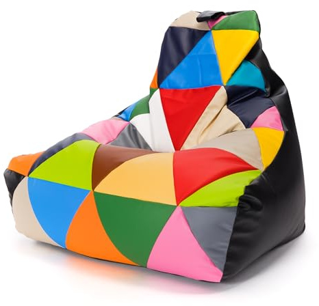 Ecopuf - Keiko Patchwork sittpuff - Sittpåse i konstläder - Sits med riv- och fläckbeständig påse - Sittpåse med handtag - Polystyrenfyllning - Svart E14 - M - 80x85x100cm