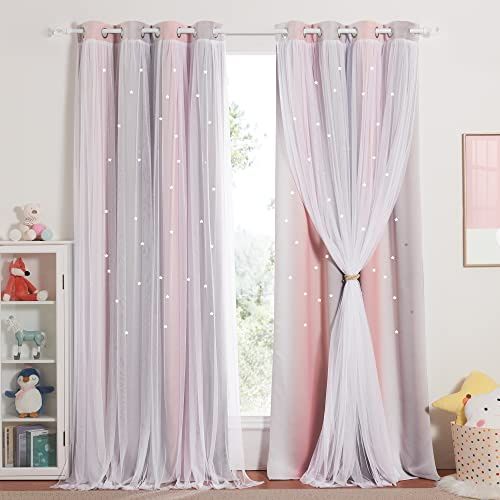 NICETOWN Tenda per camera da letto e ragazza, con doppio drappeggio, decorazione per finestra, motivo stelle perforate, per casa camera da letto, 132 x 240 cm, rosa + grigio, confezione da 2