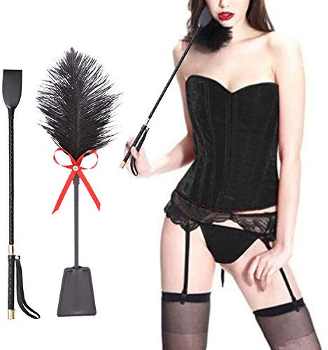 BDSMAGE Erotik Leder Peitsche Set,30cm Reitpeitsche mit Straußenfeder Tickler,BDSM Bondageset,Spanking Federkitzler Leder Flogger Massage Federstab Sex Spielzeug für Paare
