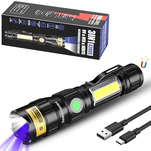 DARKBEAM Torcia UV 365nm USB Ricaricabile, con luce rossa, Base Magnetica Compresa, Alta luminosità COB LED Regolabile Portatile per Urina Gatto, Anti-Contraffazione/Fluorescente/Resina