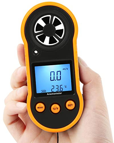 LEERCHUANG Anémomètre numérique avec rétroéclairage LCD, anémomètre et flux d'air Mesure de la vitesse avec thermomètre, outil de mesure du vent pour voile/surf/pêche - Jaune