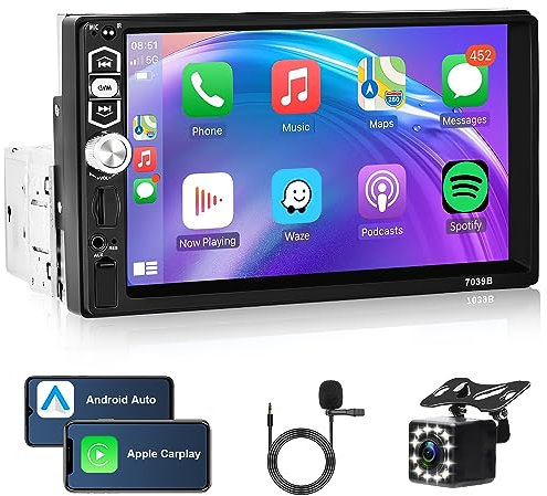Rimoody 1 Din Car Stereo Wireless Carplay Android Auto, 7 Inches Single Din Car Radio Touch Screen with Bluetooth FM Radio Mirror Link TF/USB/AUX Input SWC Car Multimedia Player + Backup Camera