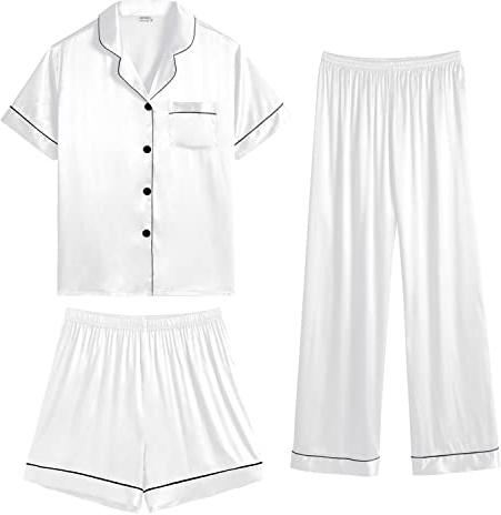 SWOMOG Womens Satin Pyjama Sets Ladies Silk Nightwear 3 Piece Short Sleeve Pj Button Down Sleepwear Set XXL White