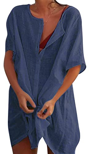 Svanco Mujer Vestido de Playa Transparentes Algodón Blusa de Bikini Cover up Suelto Verano Camisolas y Pareos Color Sólido Casual Ropa de Playa con Boton Trajes de Baño Pareos