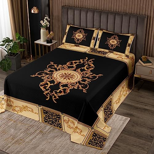 Homemissing Vinatge - Set copriletto floreale per ragazzi e ragazze, copriletto tradizionale per bambini, motivo floreale retrò, trapuntato, colore: oro e nero, decorazione per camera matrimoniale
