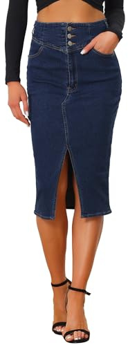 Allegra K Falda Vaquera Informal para Mujer de Cintura Alta Dobladillo Dividido Midi Falda de Lápiz de Mezclilla Azul Oscuro S
