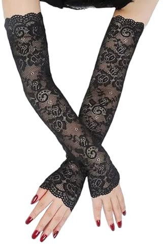 FloralGrace 1 Stück Schwarze Spitze UV-Schutz Armstulpen für Damen, Lange Fingerlose Armstulpen Spitze Hochzeit Handschuhe