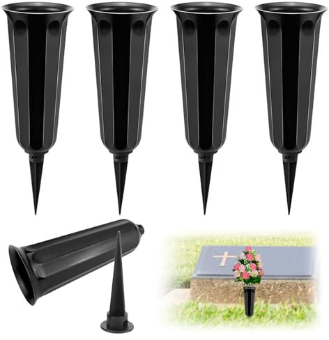 4 Pcs Jarrón Funerario Jarrones Cementerio Cono Púas Plástico Jarrones con Espiga Negro Jarrón Tumba con Estaca Exterior Jarrón para Tumba Decoración para Flores,Decoración De Lápidas